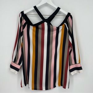 LOFT Off The Shoulder Multicolor Striped Blouse, L